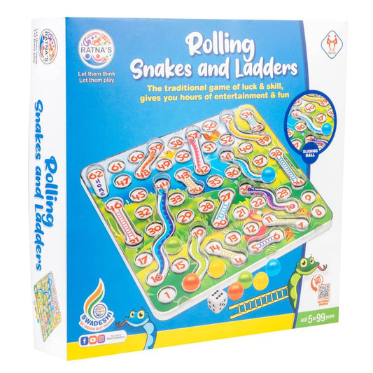 Prem Ratna rolling snakes and ladders board game with colorful board and playing pieces