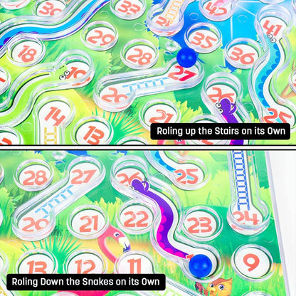 Prem Ratna rolling snakes and ladders board game showing colorful numbers, snakes, ladders, and blue game pieces