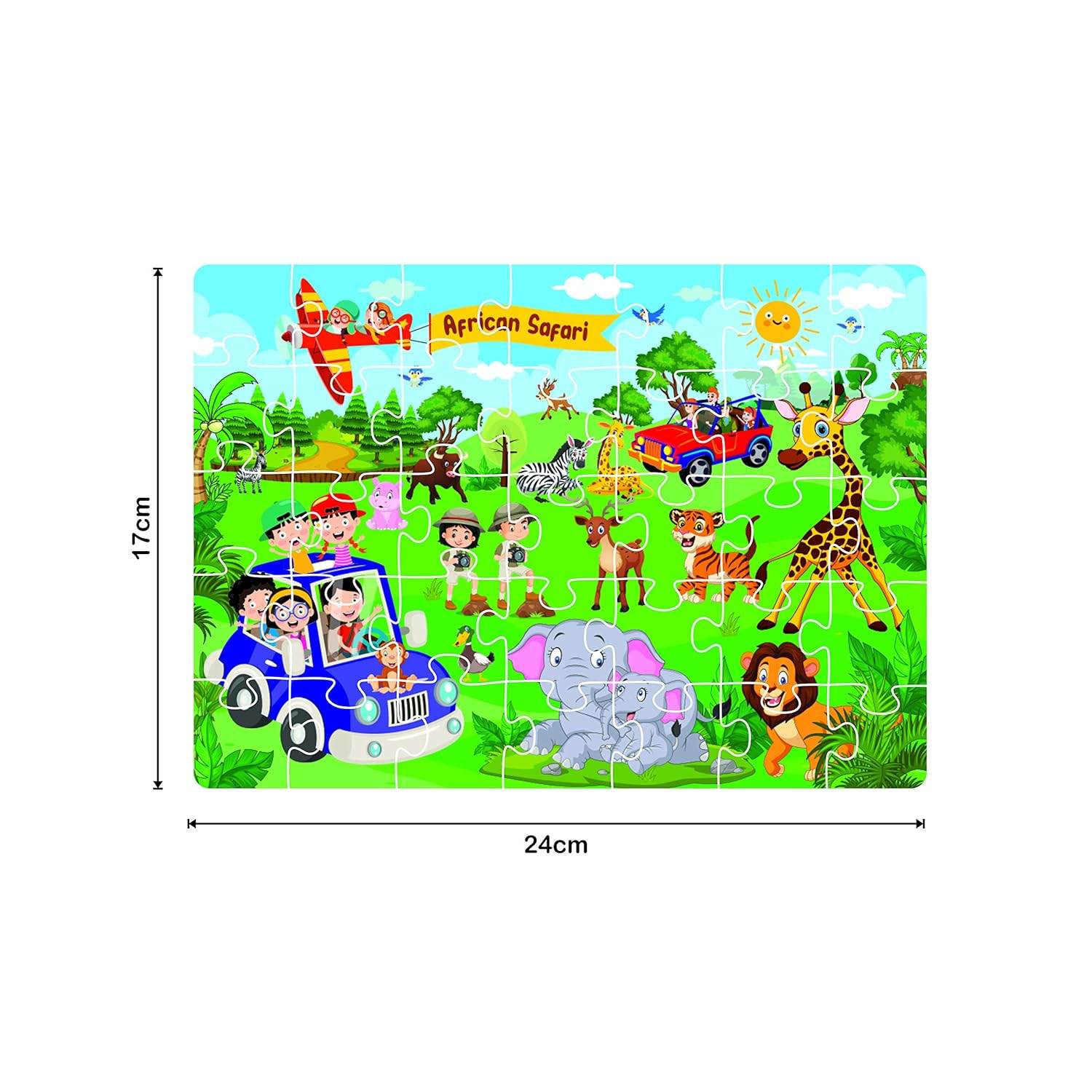 Colorful safari jigsaw puzzle for kids featuring cartoon animals and kids on an African safari adventure