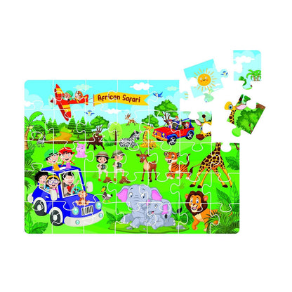 Colorful safari jigsaw puzzle for kids featuring animals and children on an African safari adventure