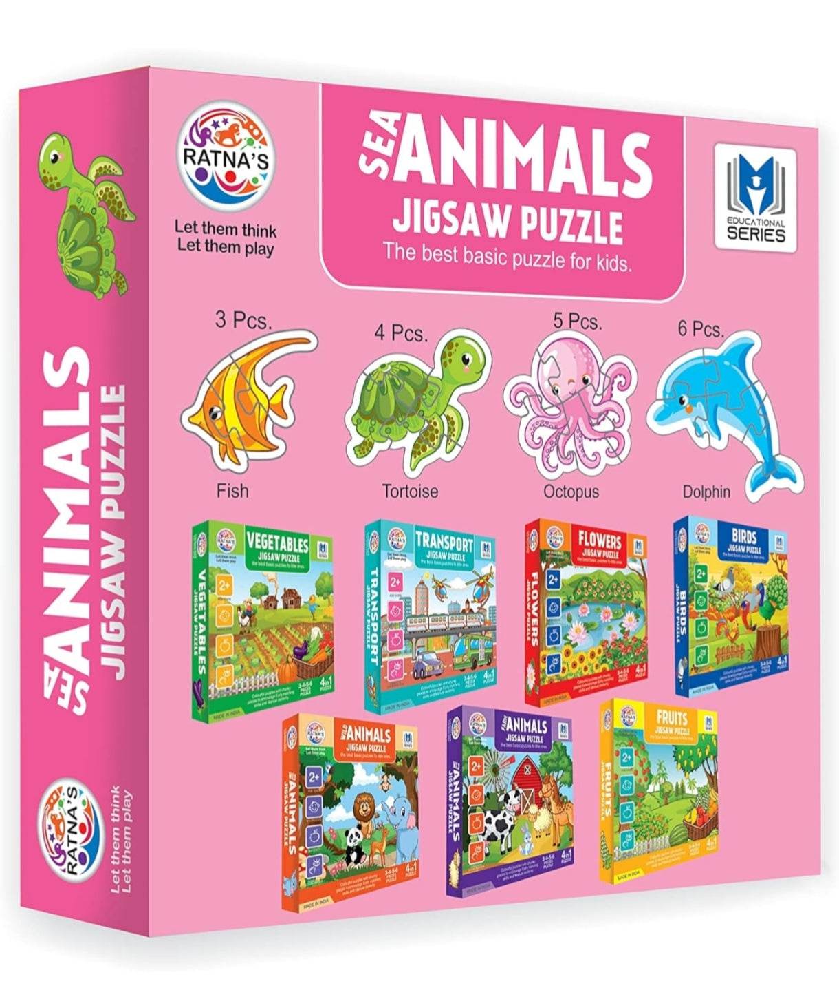 Sea animal jigsaw puzzle for kids featuring tortoise octopus dolphin and fish in colorful packaging