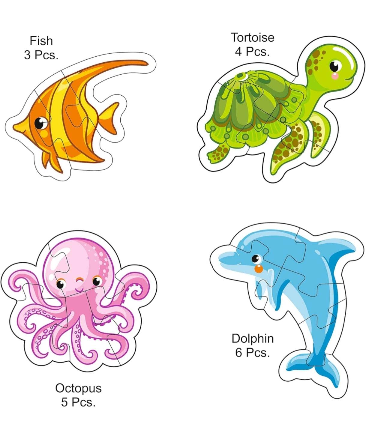 Colorful sea animal jigsaw puzzle for kids featuring fish, tortoise, octopus, and dolphin pieces