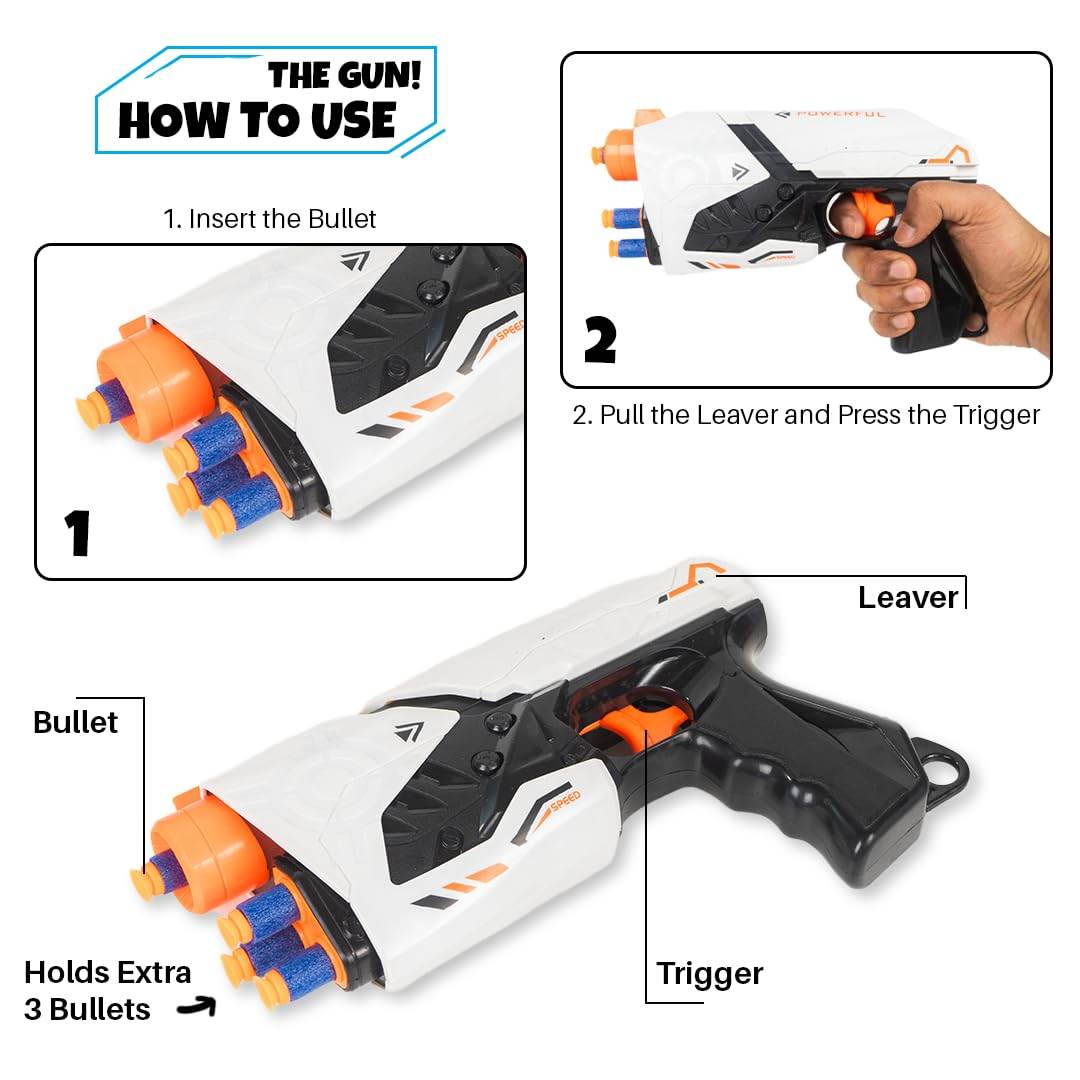 Instructions showing how to load and fire the soft bullet attack gun with extra bullets and trigger details
