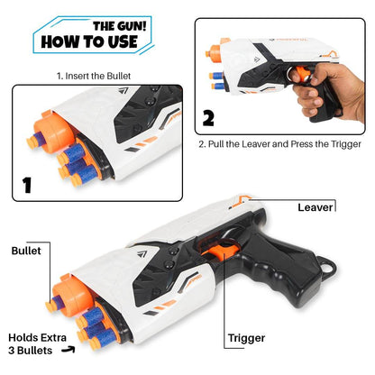 Instructions showing how to load and fire the soft bullet attack gun with extra bullets and trigger details