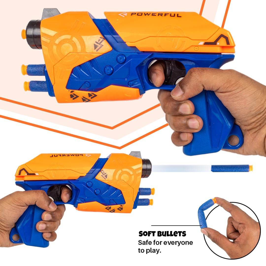 Blue and orange soft bullet attack gun toy with safe foam darts held in hand by T-Rex the toyland Sitamarhi