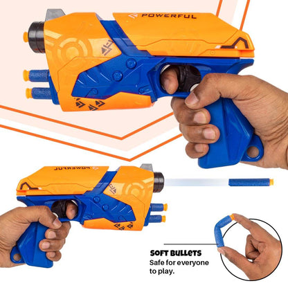 Blue and orange soft bullet attack gun toy with safe foam darts held in hand by T-Rex the toyland Sitamarhi
