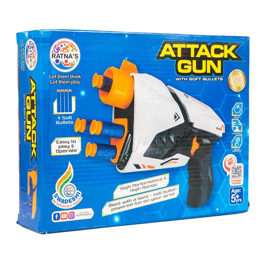 Soft bullet attack gun toy in white and black with orange soft bullets for kids age 5 plus