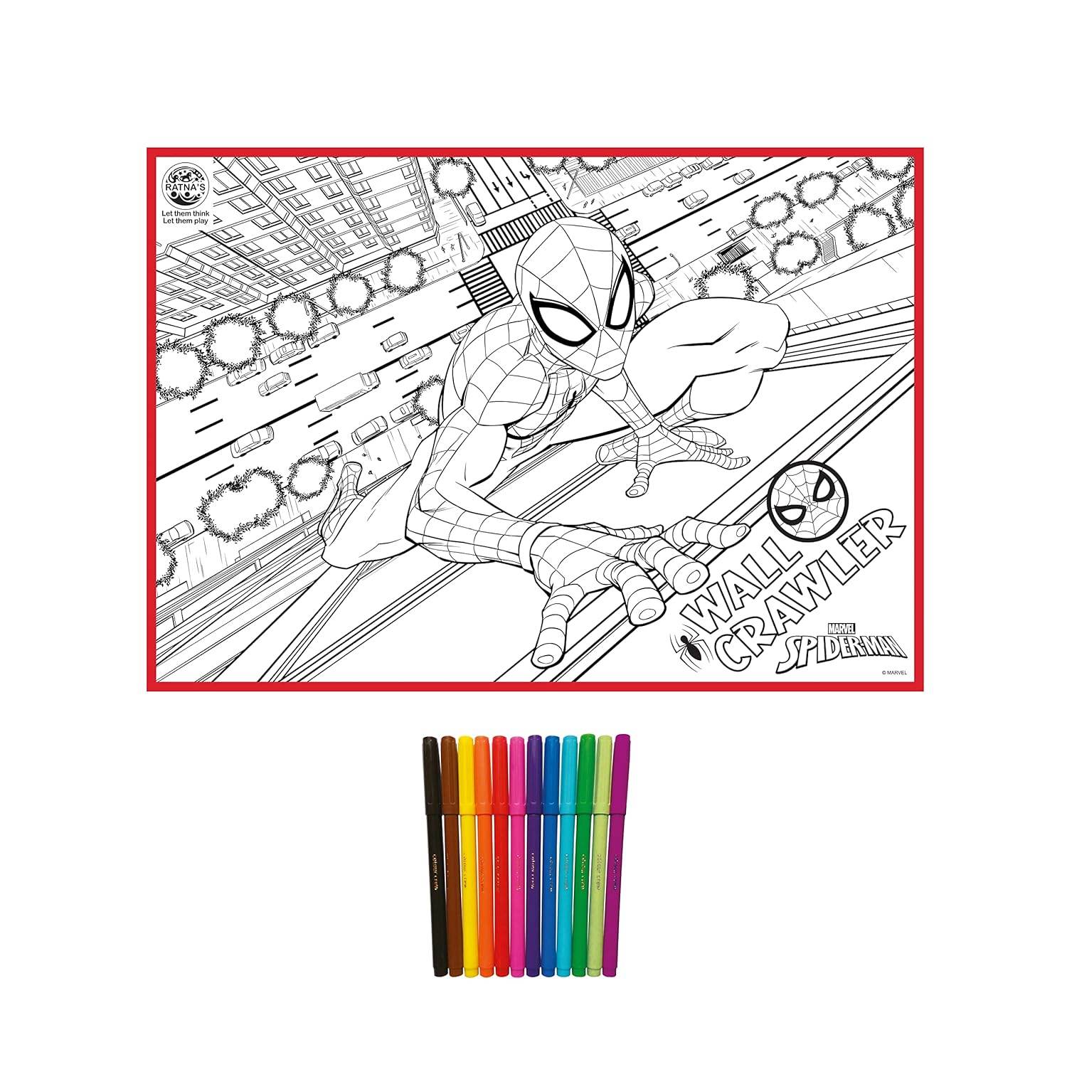 Spiderman coloring mat for kids featuring Spiderman climbing a building with colorful markers