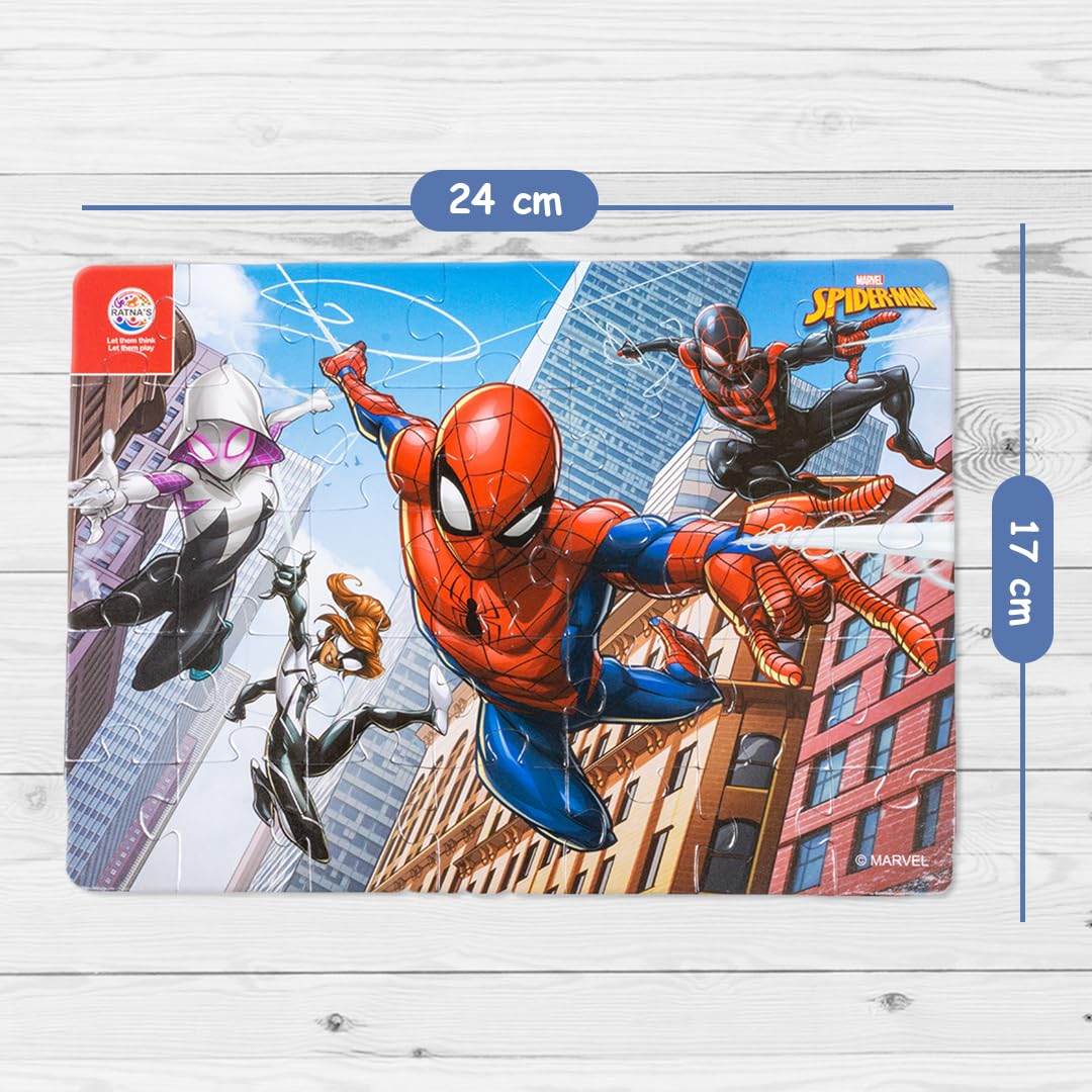 Spiderman jigsaw puzzle for kids featuring Spiderman and allies swinging through city buildings