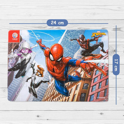 Spiderman jigsaw puzzle for kids featuring Spiderman and allies swinging through city buildings