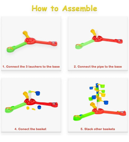 Step-by-step assembly instructions for Prem Ratna tower basketball game for kids with colorful parts and baskets
