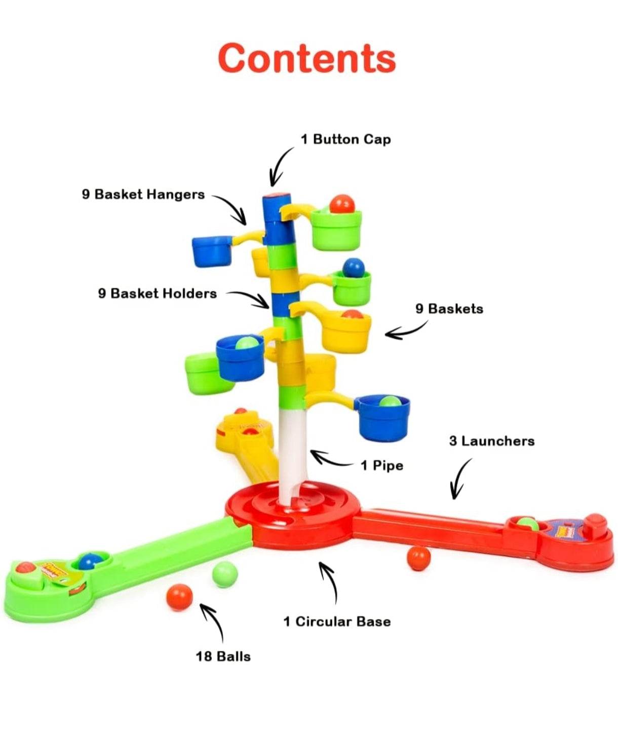 Prem Ratna colorful tower basketball game for kids with baskets, launchers, and balls
