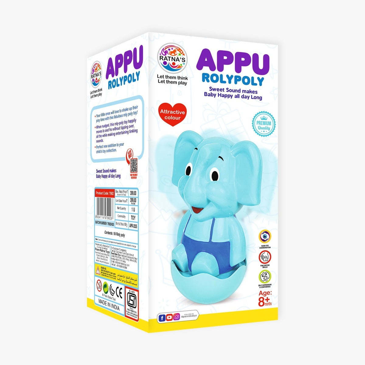 Blue toy story roly poly clown for 8 months and up, promotes fun and sensory play with sweet sounds