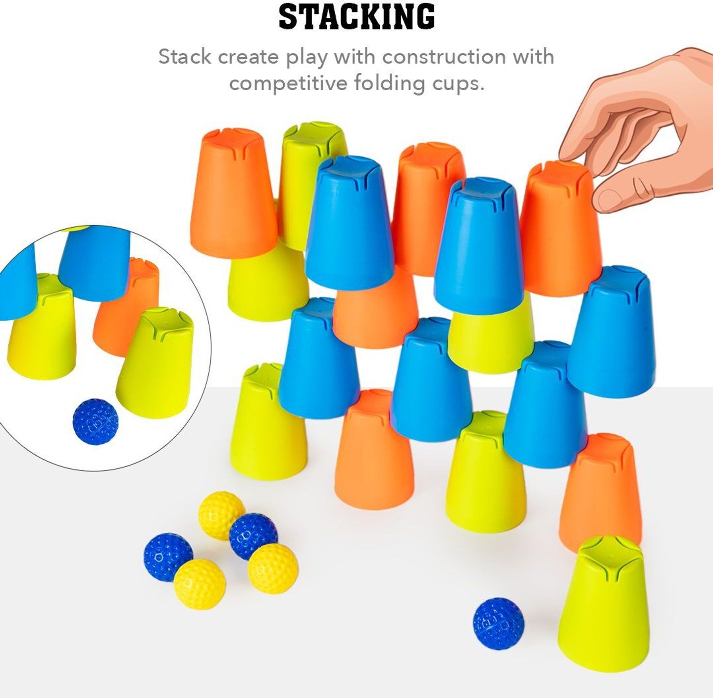 Colorful stacking cups toy set for toddlers featuring blue, yellow, and orange cups for interactive play