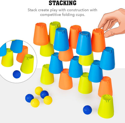 Colorful stacking cups toy set for toddlers featuring blue, yellow, and orange cups for interactive play