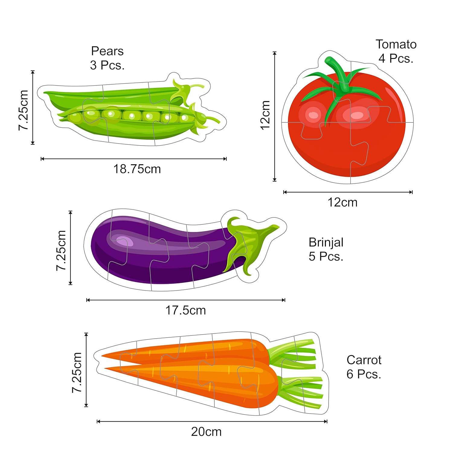 Colorful vegetable puzzle for toddlers featuring peas, tomato, brinjal, and carrot pieces with size details