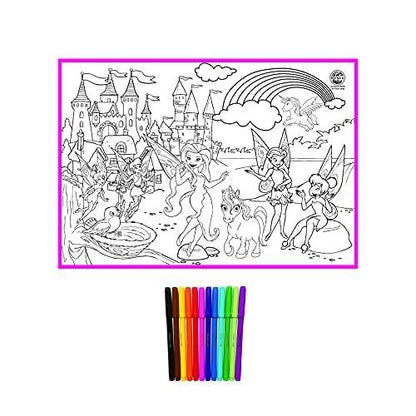 Washable coloring mat fairies with castle scene and rainbow including colorful markers for kids