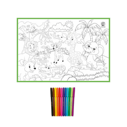 Washable coloring mat for kids featuring jungle animals with colorful markers included