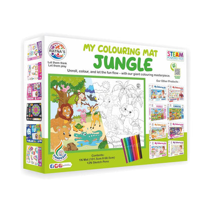 Washable coloring mat for kids Jungle themed with included sketch pens and vibrant animal illustrations