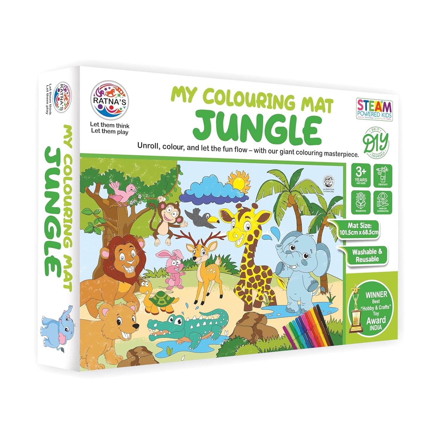 Washable coloring mat for kids jungle theme with animals like lion giraffe elephant and crayons included
