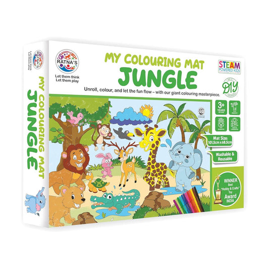 Washable coloring mat for kids jungle theme with animals like lion giraffe elephant and crayons included