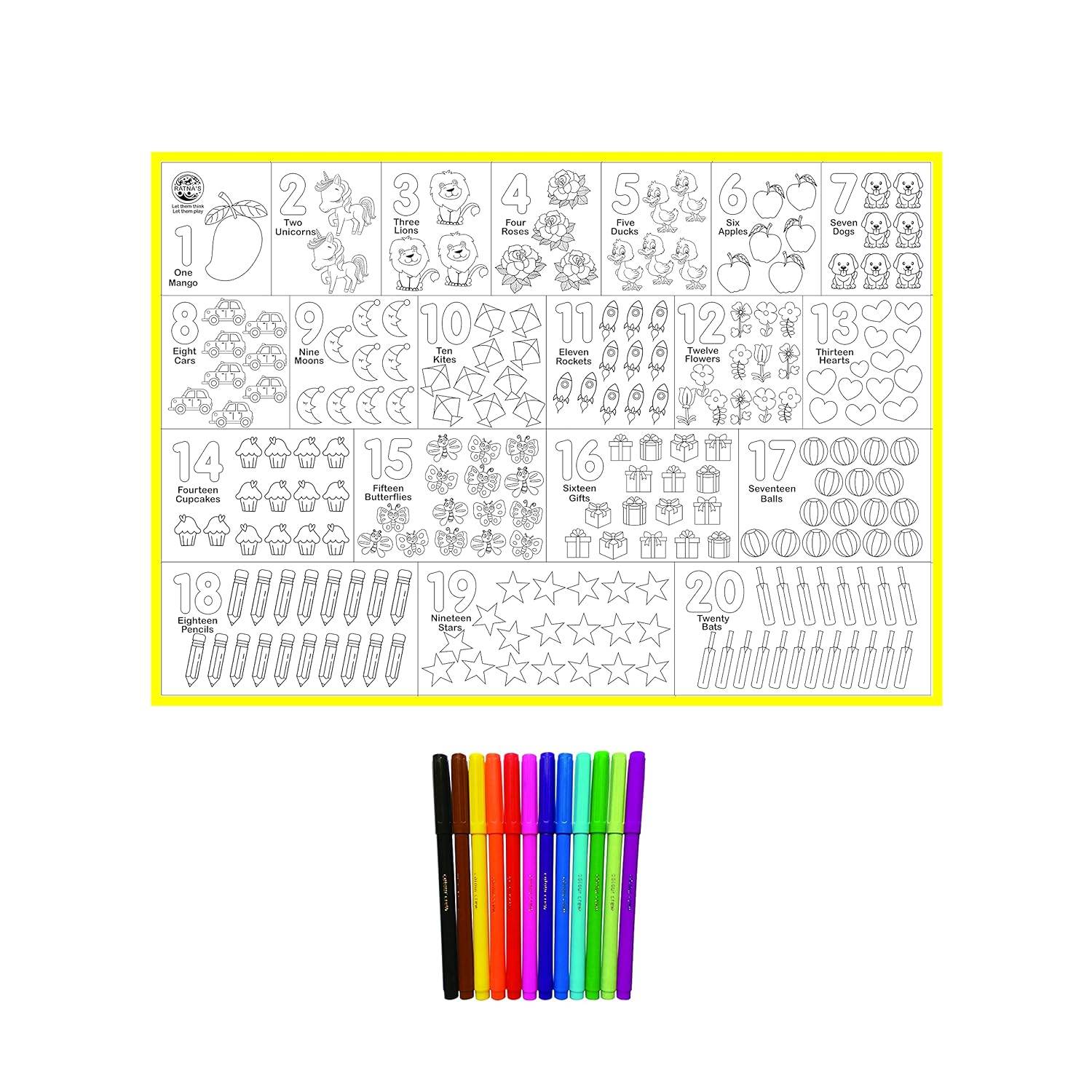 Washable drawing mat educational toy with number-themed coloring sections and colorful markers