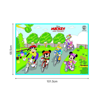 Disney Mickey and Friends washable reusable coloring mat featuring characters riding bicycles in a park