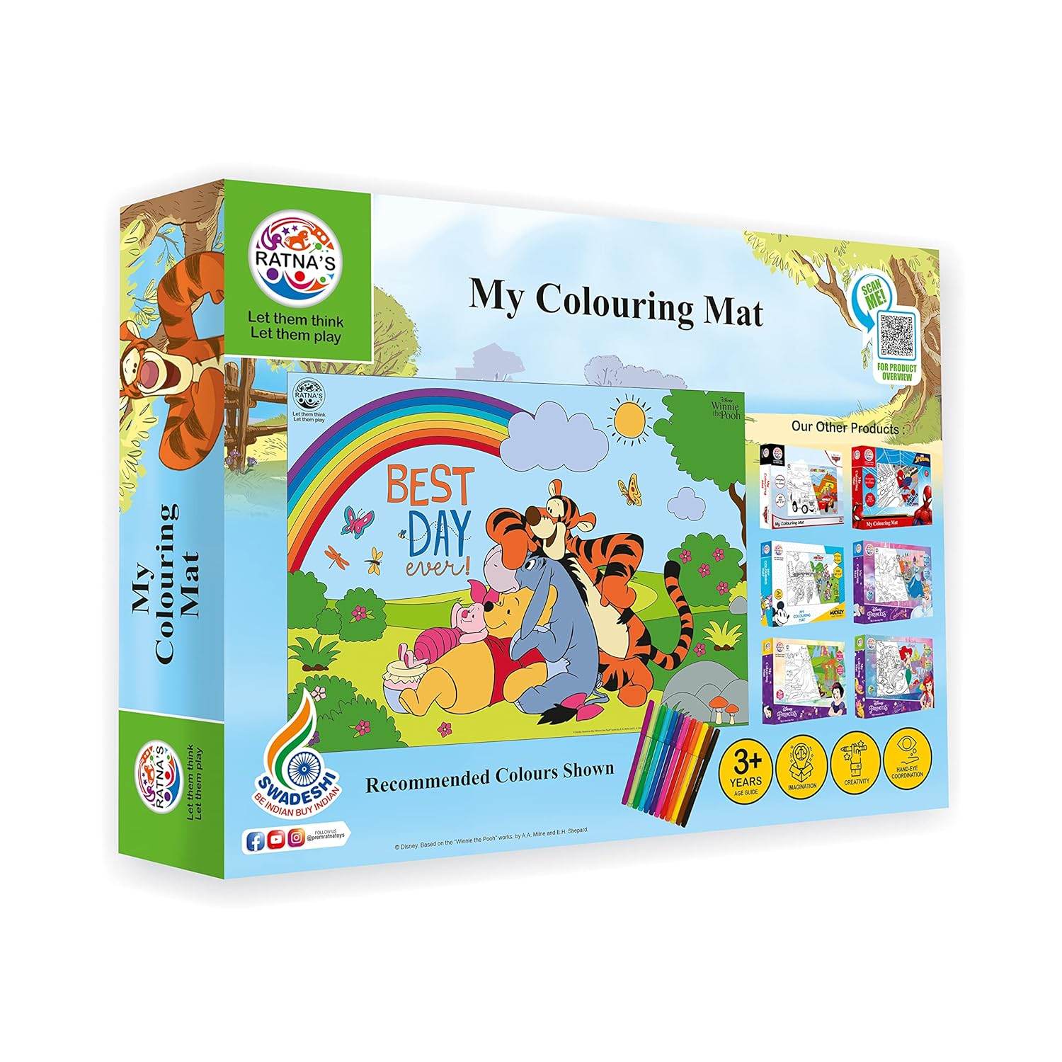 Winnie the Pooh coloring mat featuring Pooh and friends with rainbow and colorful crayons