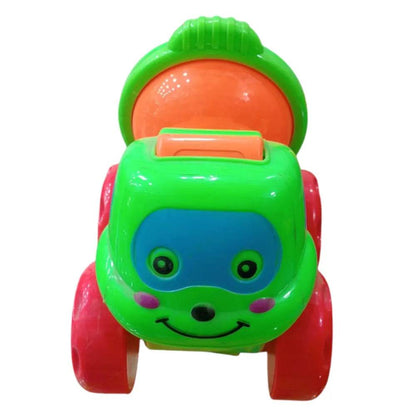 Colorful rattling cement mixer toy for kids with smiling face design and bright green and red colors