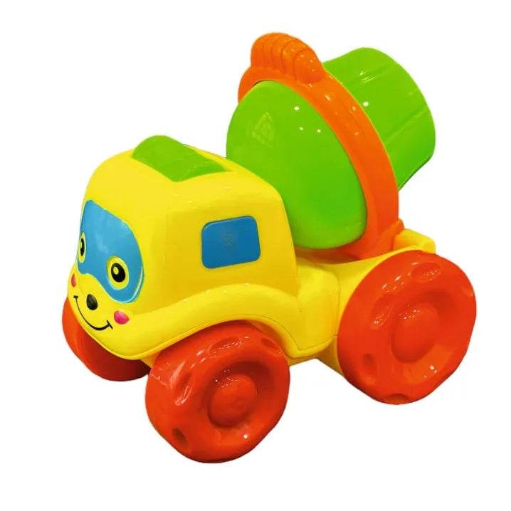 Colorful rattling cement mixer toy for kids with smiling face and bright red wheels