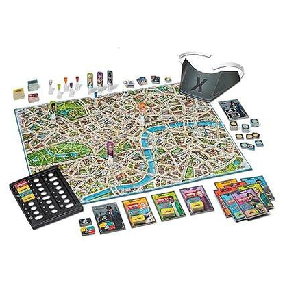 Colorful board game with a city map, cards, and tokens for family fun ages 8 and up