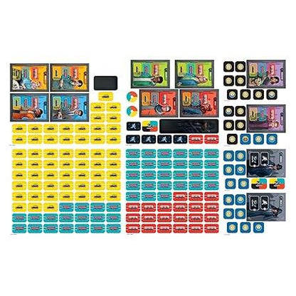 Colorful board game set with cards and tokens for family fun, aimed at kids ages 8 and up