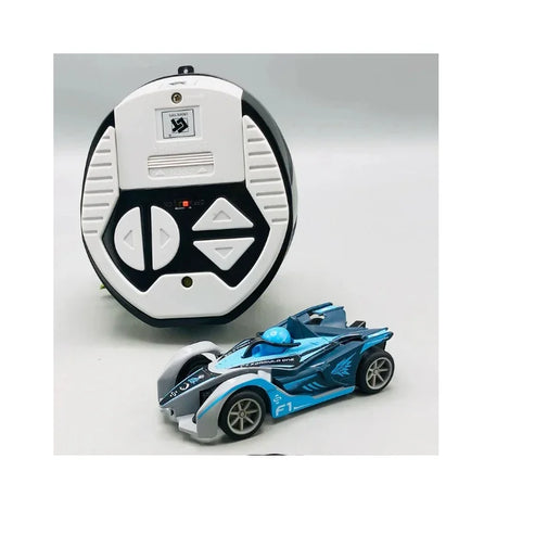 Blue RC car with remote control designed for kids aged 6 and up, featuring sleek racing design