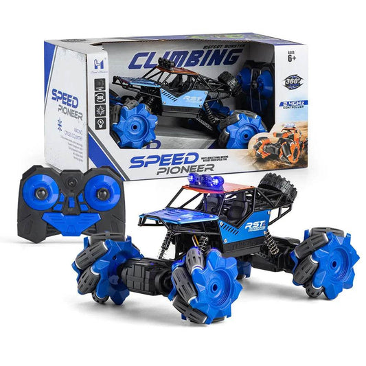 Blue RC car with remote for kids 6 and up, featuring 360-degree spins and climbing abilities
