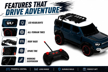 Blue all-terrain rc car with remote for kids featuring LED headlights and roof rack