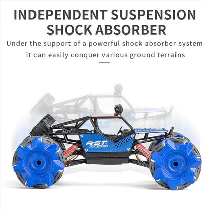 Blue T-Rex RC car with remote featuring independent suspension for all-terrain action