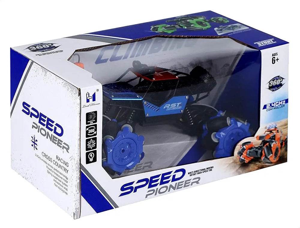 Blue and black RC car with remote for ages 6 and up, designed for racing and climbing actions