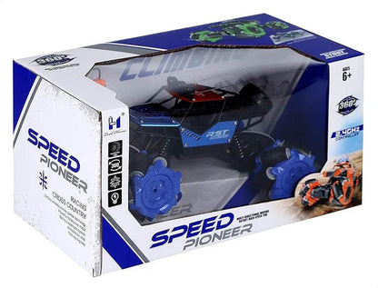 Blue and black RC car with remote for ages 6 and up, designed for racing and climbing actions
