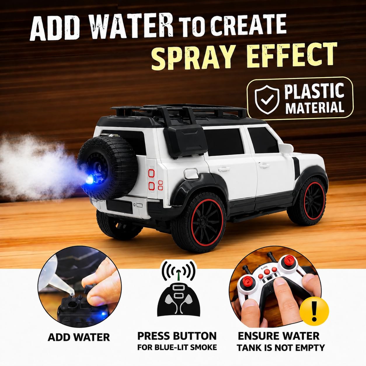 White RC car with remote featuring a spray effect for kids aged 6 and up
