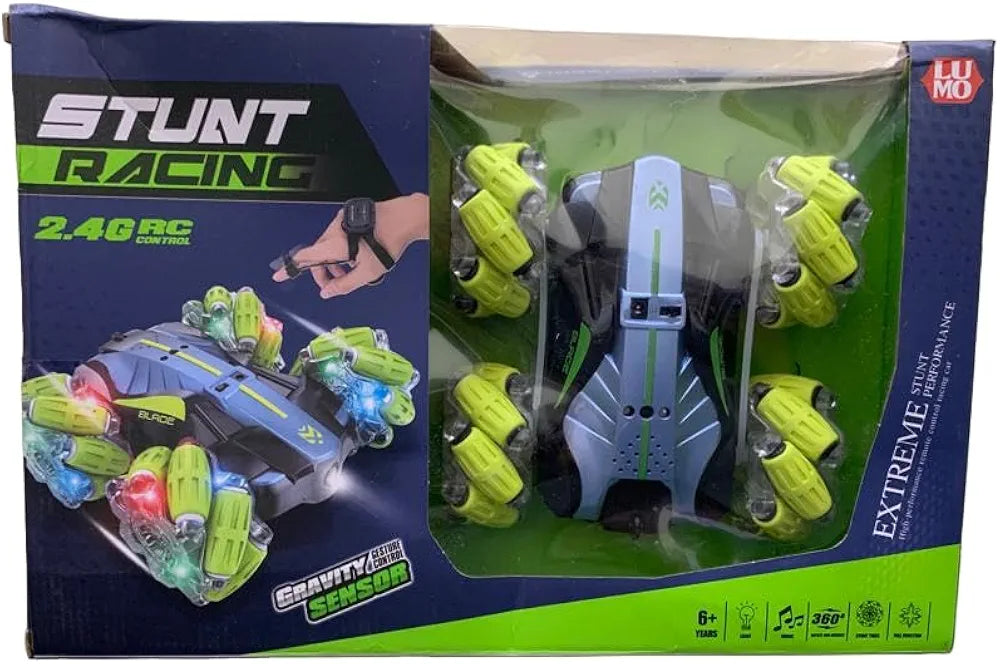 Remote control car with remote in blue and green for ages 6 and up, featuring stunt capabilities and lights