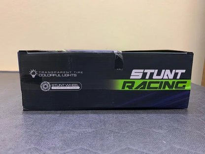 Black stunt racing remote control car with colorful lights and transparent tires for kids
