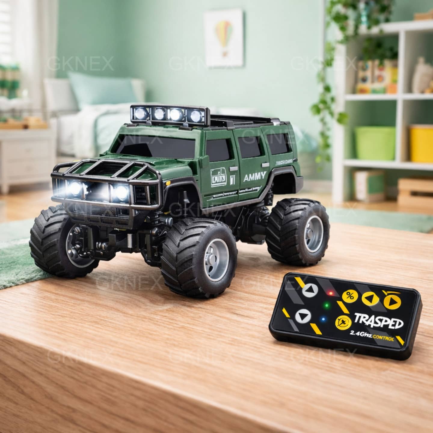 Green remote control car with remote featuring LED lights for kids aged 6 and up