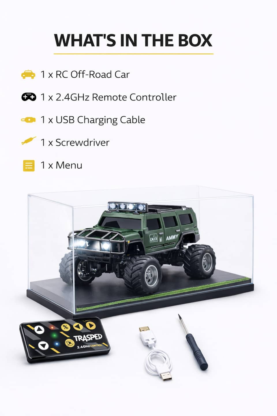 Green off-road remote control car with remote for kids, includes USB charging cable and controller