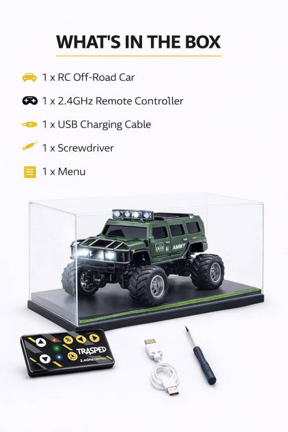 Green off-road remote control car with remote for kids, includes USB charging cable and controller
