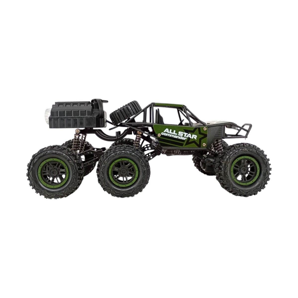 Green remote control car with remote for kids, featuring off-road design and large tires