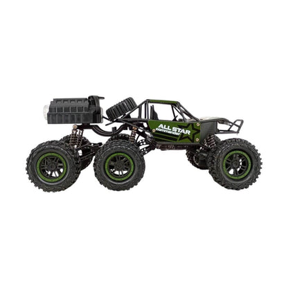 Green remote control car with remote for kids, featuring off-road design and large tires