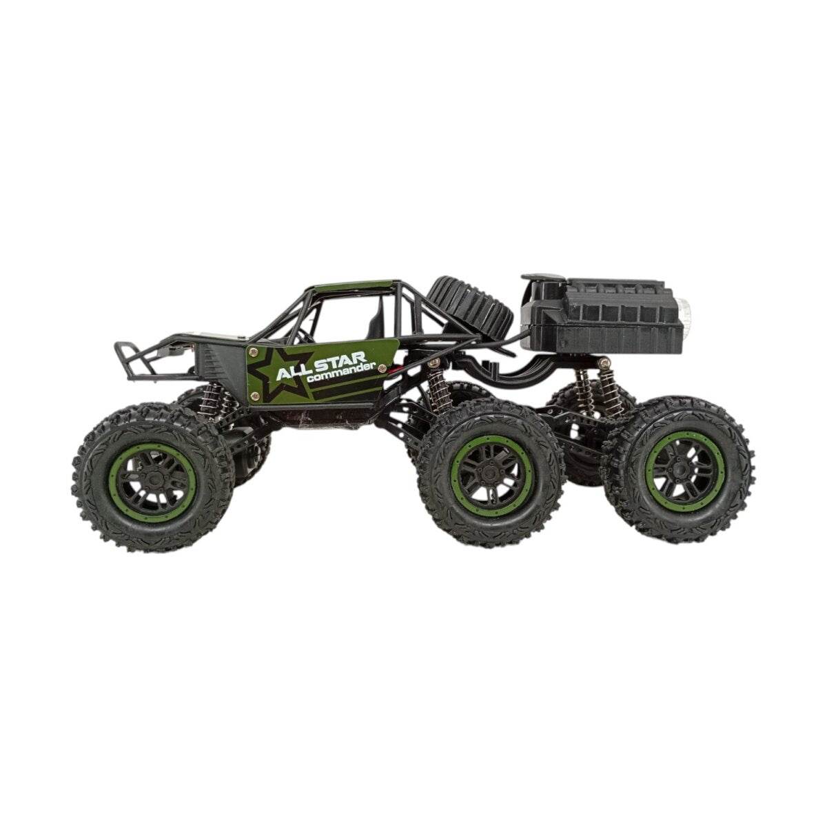 Black and green RC car with oversized wheels for kids who love remote control cars with remote
