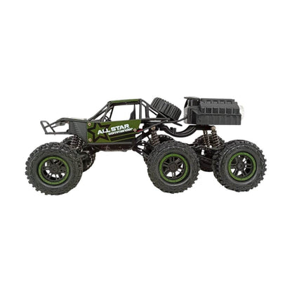 Black and green RC car with oversized wheels for kids who love remote control cars with remote