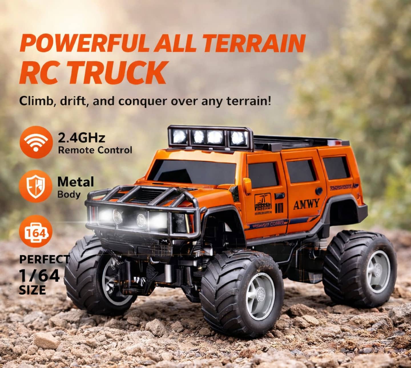 Orange all-terrain remote control car with remote for kids and adults, featuring a metal body and powerful performance