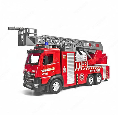 Red fire truck toy with extendable ladder and water spray for kids aged 3-7 years, featuring remote control desktop chrome